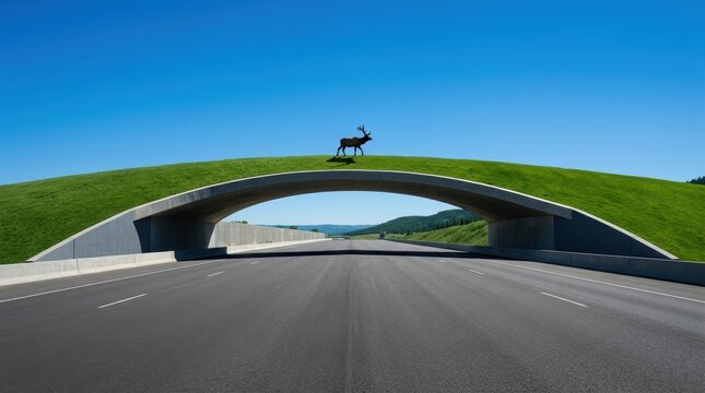 Minimalist wildlife overpass with elk silhouette crossing highway, featuring green turf bridge and blue sky in color blocking photography style.