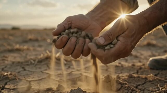 Farmer hands crumbling dry parched earth into dust in sunlight. Powdery soil slips through fingers, showing the harshness of drought and the fragile balance of nature.