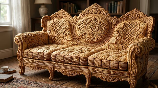 Creative concept of a luxurious classic sofa made entirely out of baked crackers and biscuits