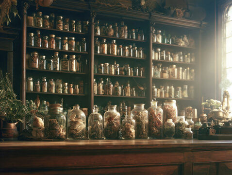 vintage apothecary shop shelf lined with old glass bottles filled with dried herbs spices and medical ingredients in historic pharmacy laboratory atmosphere photo photography image