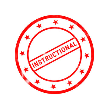 Red instructional rubber stamp, round grunge seal with stars, educational and training certification mark