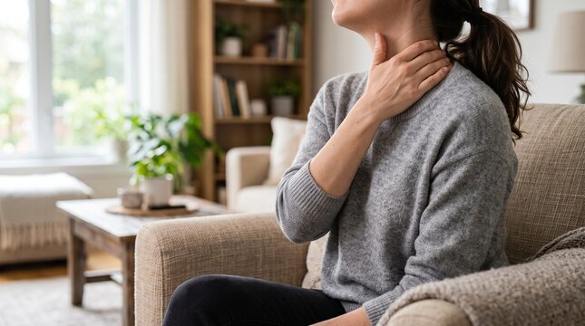 Woman touching her sore throat sitting on sofa at home indoors