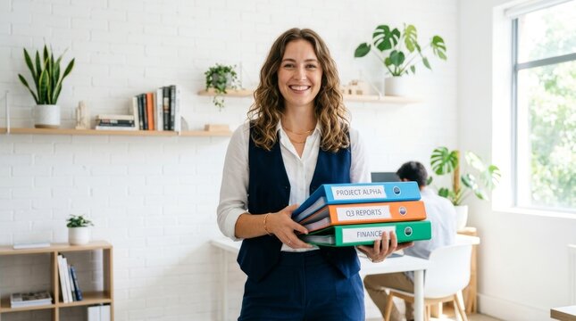 A professional woman holding project folders in a bright office