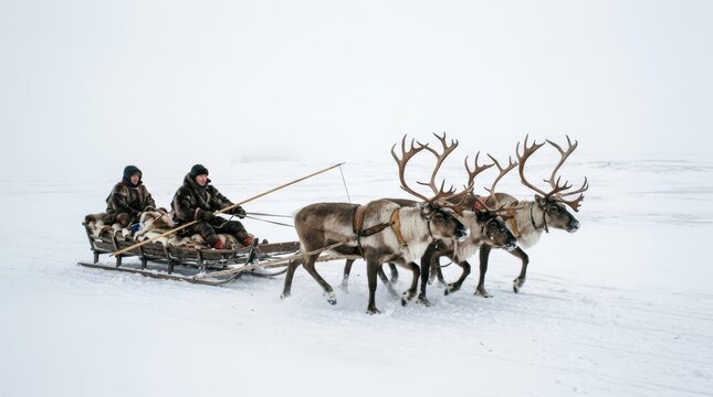 Indigenous people traveling by reindeer sledge in winter