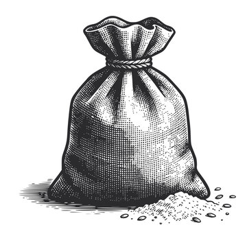 a knotted bag with scattered grain or seeds, vector illustration. for agricultural company logos, bakery packaging, vintage labels, organic food branding, and retro culinary designs.