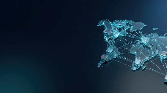 Global Digital Network Map with Holographic Nodes on Dark Tech Background and Copy Space