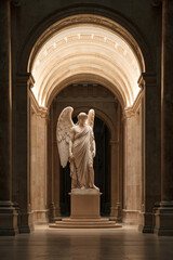 Fototapeta premium Statue of an angel standing in a large hall with arched architecture and soft lighting