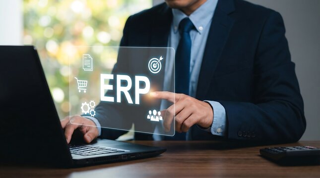 Businessman using a laptop to access enterprise resource planning software via digital screen