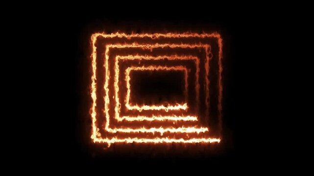 Fiery square tunnel animation: glowing orange flame geometric shape on black background, fire