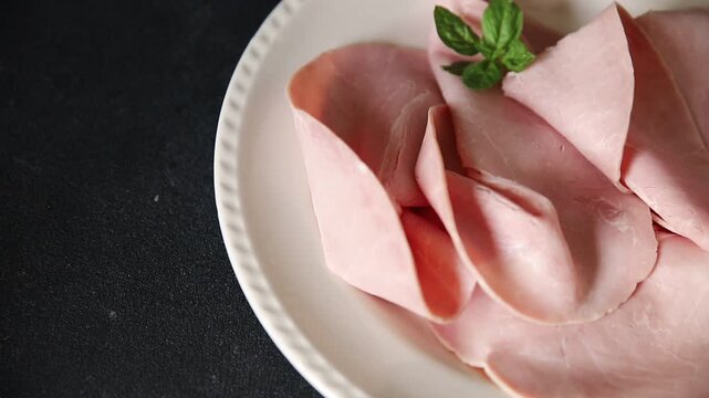 Pork ham sliced meat natural meat ingredient delicious snack gourmet dish table setting rustic style dish top view copy space