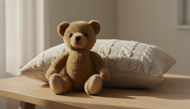 Cute brown teddy bear on wool pillow resting on a wooden table in a bright cozy room for childhood nostalgia and comfort concept with warm soft natural lighting