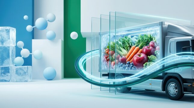 High-tech refrigerated truck transporting fresh produce for cold chain logistics and global food security, futuristic banner with copy space and ice textures.