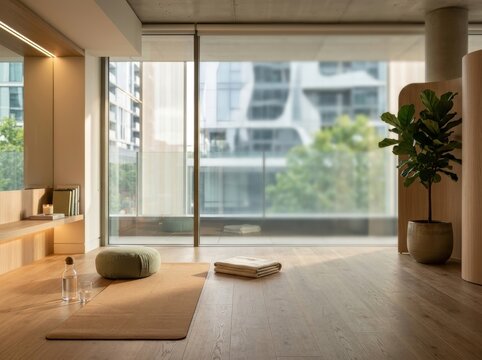 Modern minimalist wellness room featuring a cork yoga mat, meditation cushion, and large windows with an urban view in soft morning light.