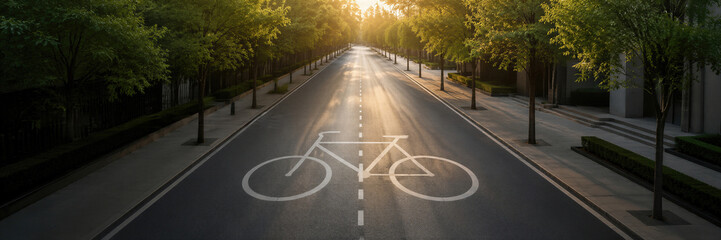 Obraz premium Empty city road with painted bicycle symbol at sunset. Car free street lined with green trees. Eco transport and sustainable urban mobility concept for World Car free Day. Banner with copy space