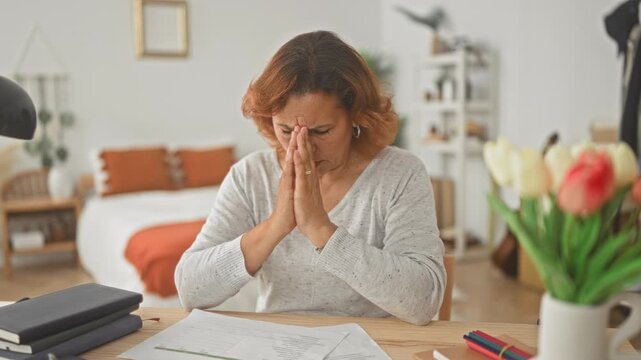 Woman with hands pressed together over bills and documents at a bedroom table, holding a pleading pose; financial worry.