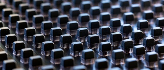 Fototapeta premium Rows of black electronic components on circuit board with shallow depth of field