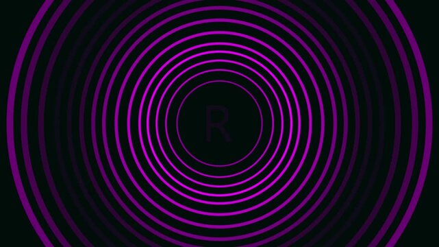 Abstract neon purple concentric circles pulsing animation with central letter r background