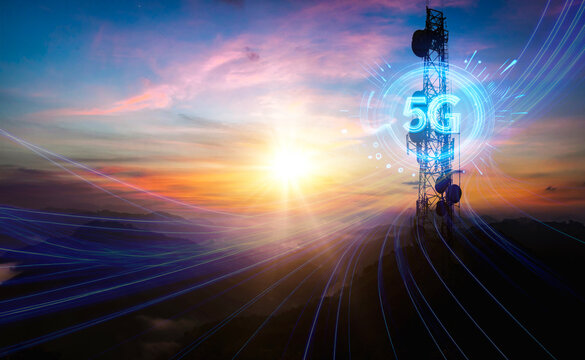 Telecommunication tower with 4G, 5G transmitters