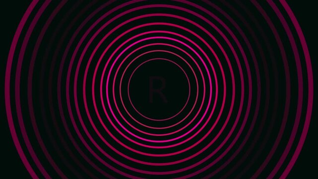 Abstract neon pink concentric circles pulsing with letter r motion background