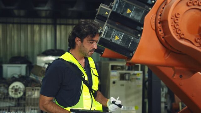 Industrial engineer inspecting a robotic arm machine in an automated manufacturing factory, robotics, automation, smart manufacturing, machine maintenance, quality control and Industry technology.