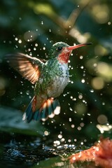 Fototapeta premium Hummingbird flying above water with droplets around in natural setting
