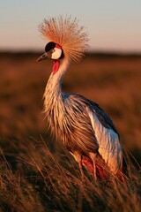 Fototapeta premium Crowned crane stands in tall grass during sunset, showcasing vibrant plumage and interesting features