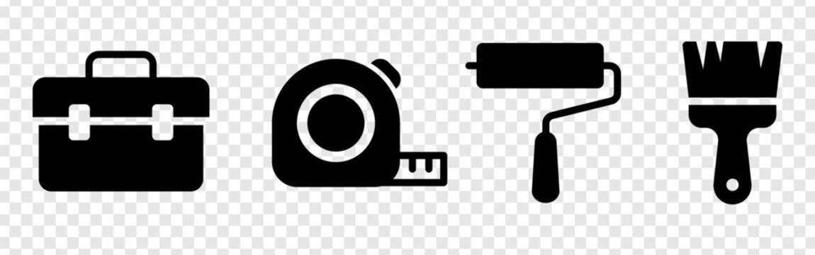 Professional renovation and decorating tool icons. essential maintenance equipment for diy projects. solid black graphic shapes for home improvement. versatile construction worker kit collection
