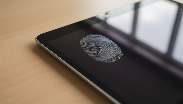 Detailed thumbprint on tablet screen lying on a wooden desk showing biometric identification and cyber security access authentication for digital privacy concept