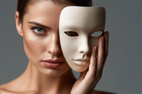 Woman holding neutral mask away from face with composed expression
