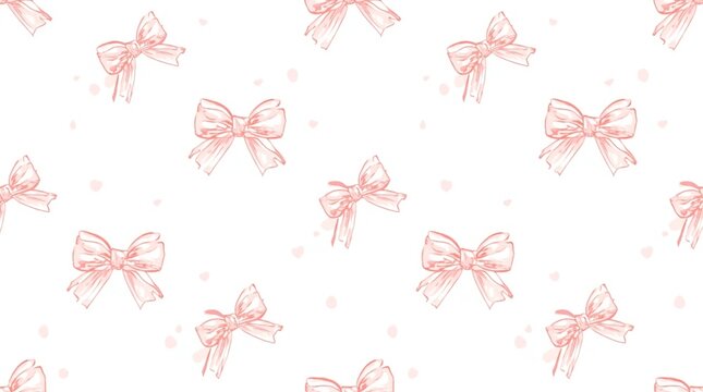  Seamless repeating pattern of delicate hand-drawn pink satin ribbon bows on a clean white background. ai