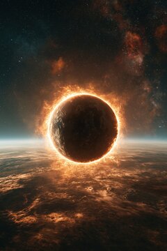 Bright sun rising behind dark planet in space above ocean surface
