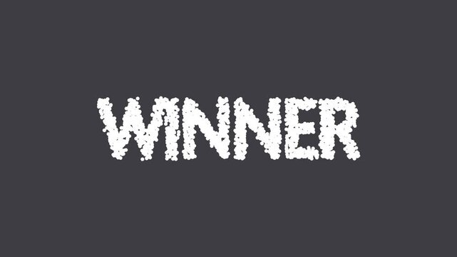 Animated winner text effect with particle dust particles on dark background, success achievement victory