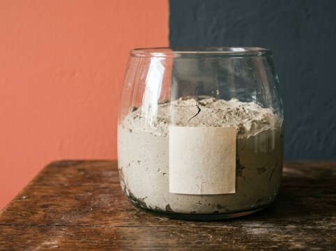 Sourdough starter in glass jar with blank label