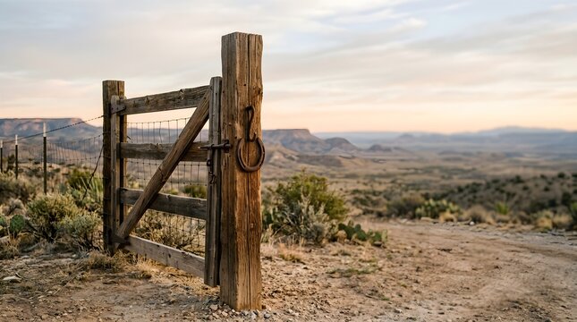Vintage rusted iron horseshoe hanging on wooden ranch gate