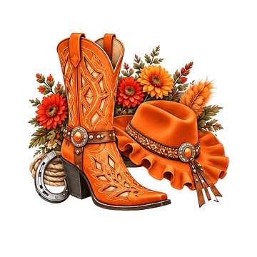 Colorful Western Cowboy Boots and Hats Collection with Seasonal Flowers, Horseshoes and Rustic Country Fashion
