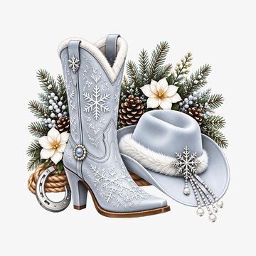 Colorful Western Cowboy Boots and Hats Collection with Seasonal Flowers, Horseshoes and Rustic Country Fashion