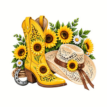Colorful Western Cowboy Boots and Hats Collection with Seasonal Flowers, Horseshoes and Rustic Country Fashion