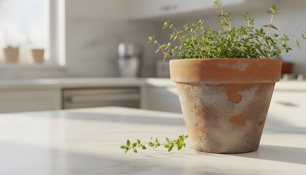 Fresh aromatic culinary thyme growing in clay pot on a bright sunny marble kitchen countertop for sustainable indoor herb gardening and healthy cooking concept