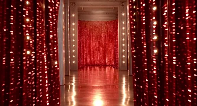 Majestic opening of sparkling red sequin curtains revealing an elegant, illuminated hallway. The camera slowly pulls back through a passage decorated for a special event, show, or theater premiere