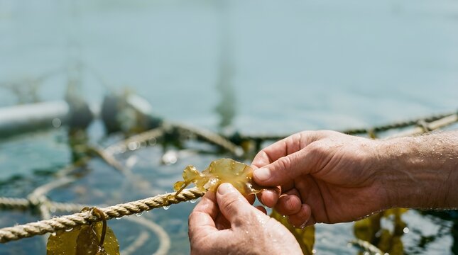 Marine researcher inspecting harvested brown sugar kelp seaweed