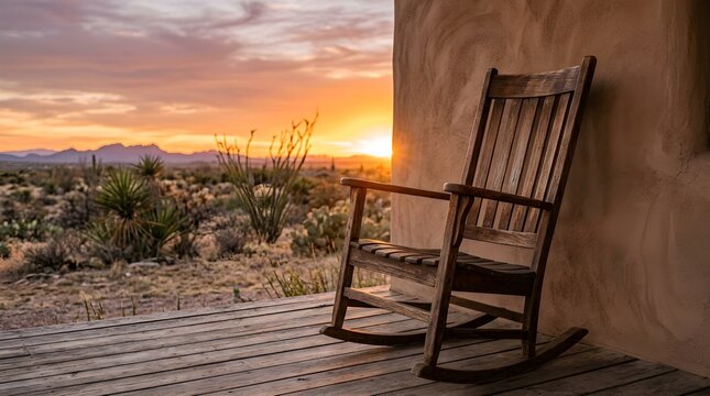 Wooden rocking chair resting on rustic porch facing desert sunset