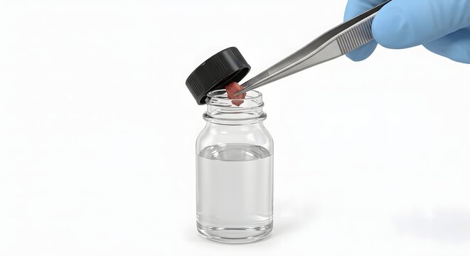 Surgical Forceps Transferring a Tissue Biopsy Specimen into a Formalin Vial for Pathology Analysis