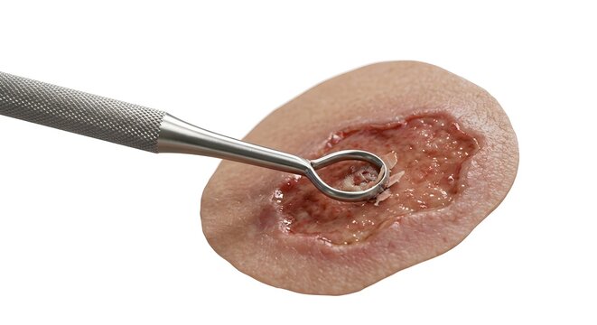 Medical 3D Render of a Curette Scraping an Ulcerated Skin Lesion for Biopsy