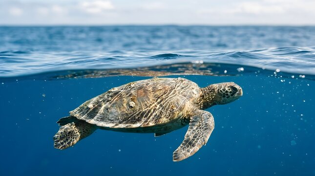Majestic green sea turtle swimming gracefully in coral reef ocean