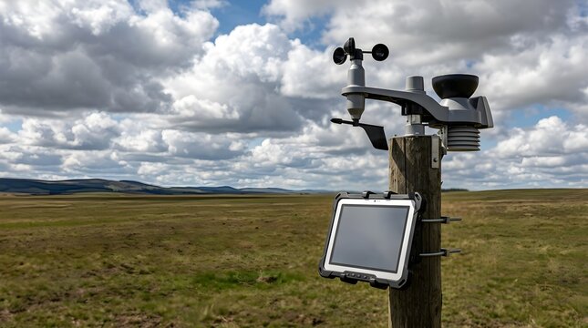 Meteorological weather station sensor mounted on outdoor metal post