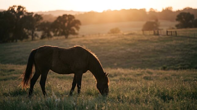 Majestic wild horse grazing in open grass meadow at golden sunset
