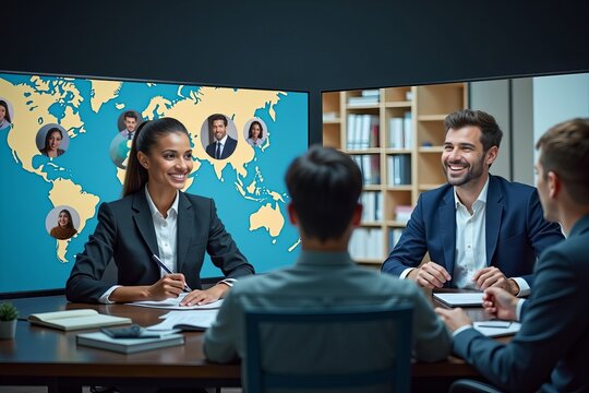 Split-Screen Setup Featuring Diverse Interview Panelists in Professional Attire and a Candidate Engaged in a Video Conference with World Maps