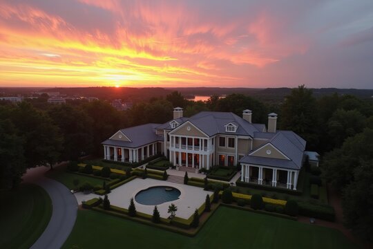 Elevated View of a Majestic Estate at Sunset, Showcasing Elegant Architecture and Lush Gardens with Stunning Colors Captured by a Drone