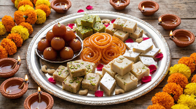 Assortment of Traditional Indian Sweets Mithai Including Gulab Jamun and Jalebi