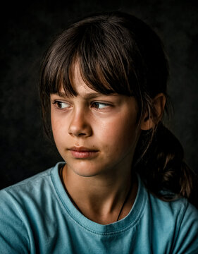 A school-age girl with a ponytail and fringe looks to the side with a doubtful, guarded expression under dramatic low-key studio lighting against a near-black background.